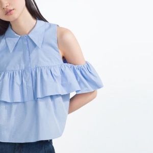 Zara Cut Out Shoulder Ruffle Top Blue Size Large.
